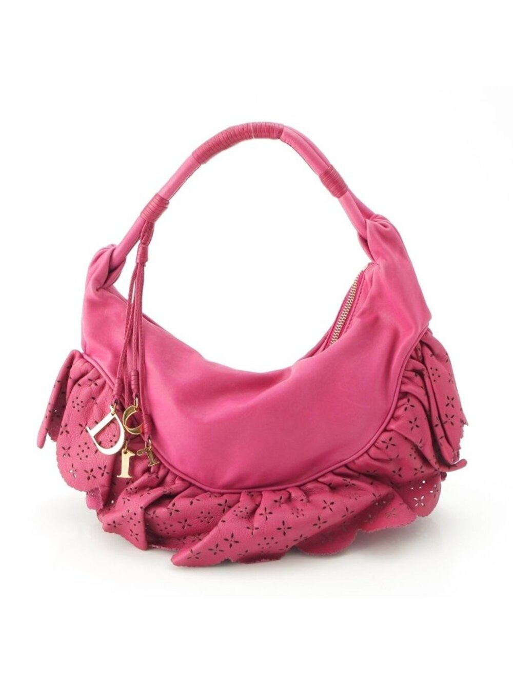Dior Gypsy Leather Ruffle Hobo Shoulder Handbag Fuchsia Pink